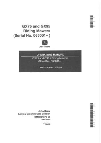 John Deere GX75 and GX95 Riding Mowers from Serial No 065001 Operators Manual