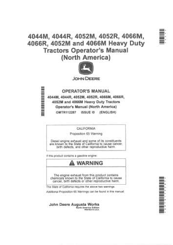 John Deere Heavy Duty Tractor 4044M 4044R 4052M 4052R 4066M 4066R 4052M 4066M Operators Manual