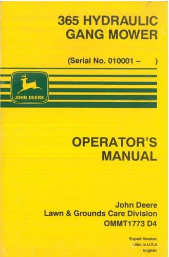 John Deere Hydraulic Gang Mower 365 Operators Manual - ORIGINAL OMMT1773D4