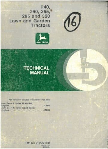 John Deere Lawn and Garden Tractor 240 260 265 285 & 320 Workshop Service Manual