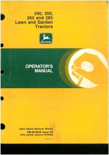 John Deere Lawn and Garden Tractor 240 260 265 285 Operators Manual - ORIGINAL