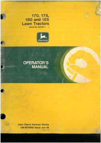 John Deere Lawn Tractor 170, 175, 180 & 185 Operators Manual - ORIGINAL