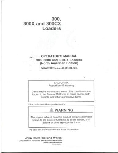 John Deere Loader 300 300X 300CX Operators Manual