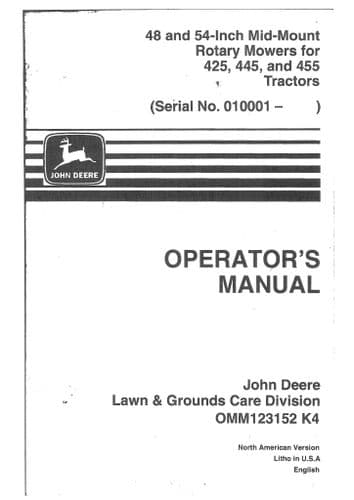 John Deere Mid Mount Rotary Mower 48 and 54 Inch for 425 445 and 455 Tractor Operators Manual