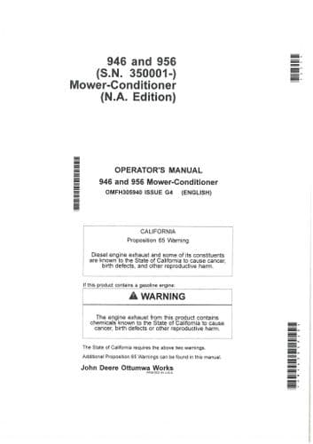 John Deere Mower Conditioner 946 & 956 Operators Manual
