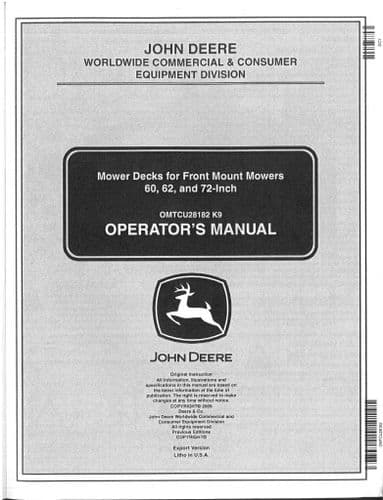 John Deere Mower Decks For Front Mount Mowers 60 62 & 72 Inch Operators Manual