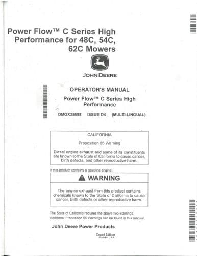 John Deere Power Flow C Series High Performance 48C 54C 62C Mowers Operators Manual