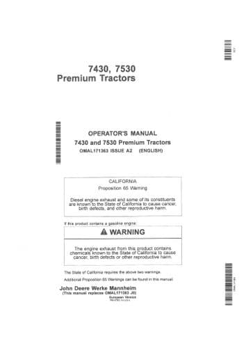 John Deere Premium Tractor 7430 & 7530 Operators Manual