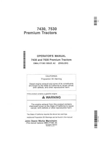 John Deere Premium Tractor 7430 & 7530 Operators Manual