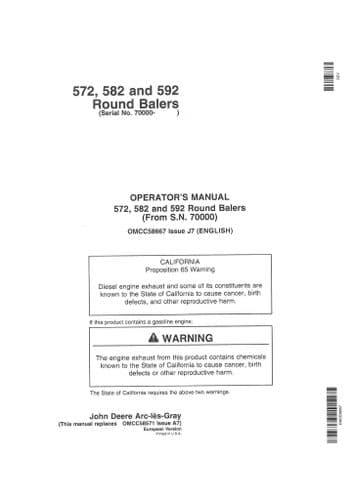 John Deere Round Baler 572 582 592 Operators Manual