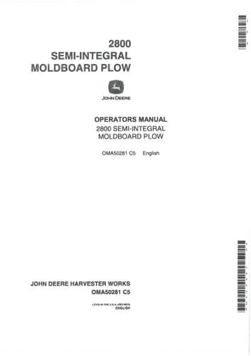 John Deere Semi-Integral Moldboard Plow 2800 Operators Manual