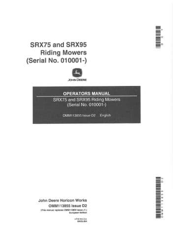 John Deere SRX75 and SRX95 Riding Mowers Operators Manual
