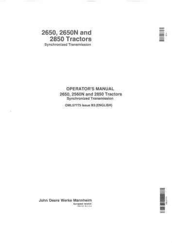 John Deere Tractor 2650 2650N 2850 Operators Manual