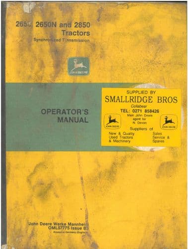 John Deere Tractor 2650 & 2850 Operators Manual - ORIGINAL CLEARANCE