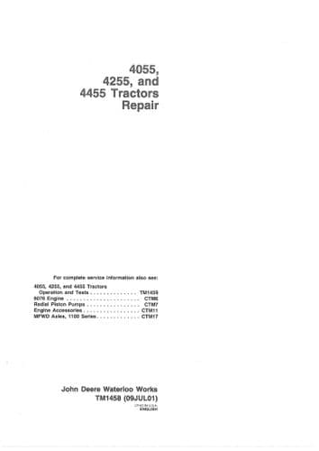 John Deere Tractor 4055 4255 4455 Workshop Manual - Repair TM1458 & Operation & Test TM1459 Manuals