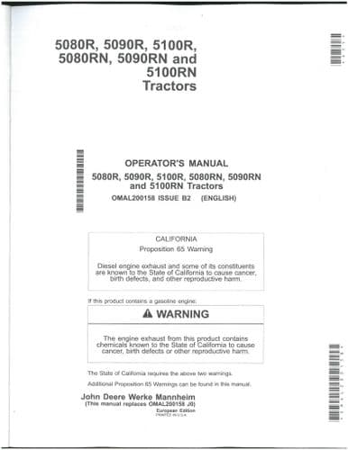 John Deere Tractor 5080R, 5090R, 5100R, 5080RN, 5090RN, 5100RN Operators Manual