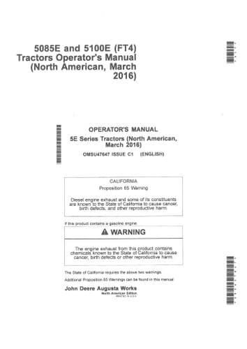 John Deere Tractor 5085E & 5100E North American Edition Operators Manual