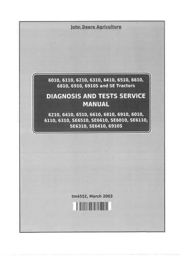 John Deere Tractor 6010 6110 6210 6310 6410 6610 6810 TM4552 Diagnosis & Tests Workshop Manual (PDF)