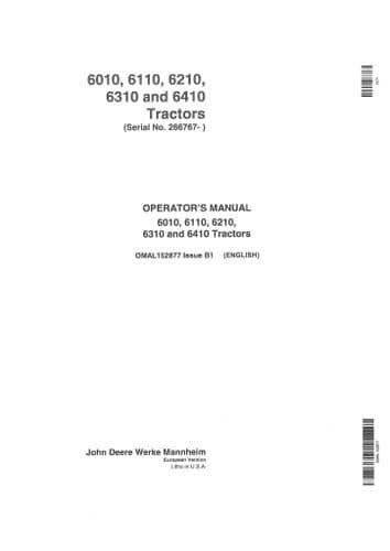 John Deere Tractor 6010 6110 6210 6310 6410 Operators Manual .