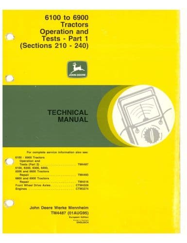 John Deere Tractor 6100 6200 6300 6400 6506 6600 6800 6900 Operation & Test (TM4487) Shop Manual