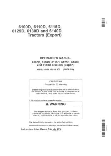 John Deere Tractor 6100D 6110D 6115D 6125D 6130D 6140D Export Operators Manual