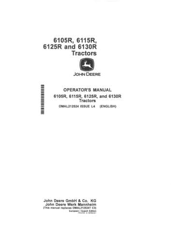John Deere Tractor 6105R 6115R 6125R & 6130R Operators Manual