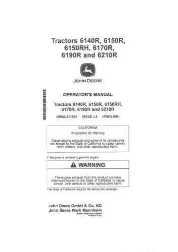 John Deere Tractor 6140R 6150R 6150RH 6170R 6190R 6210R Operators Manual