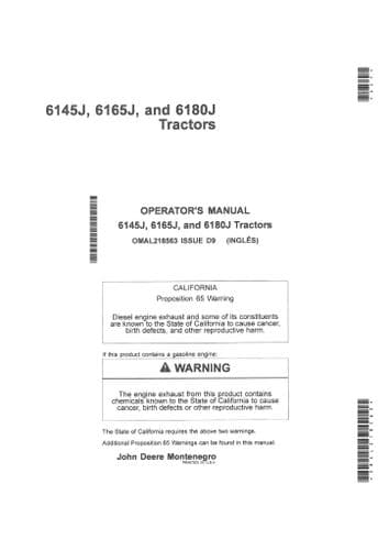 John Deere Tractor 6145J 6165J 6180J Operators Manual
