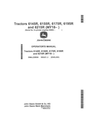 John Deere Tractor 6145R 615R 6175R 6195R 6215R Operators Manual