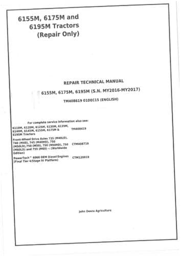 John Deere Tractor 6155M 6175M 6195M Workshop Repair Manual TM408619