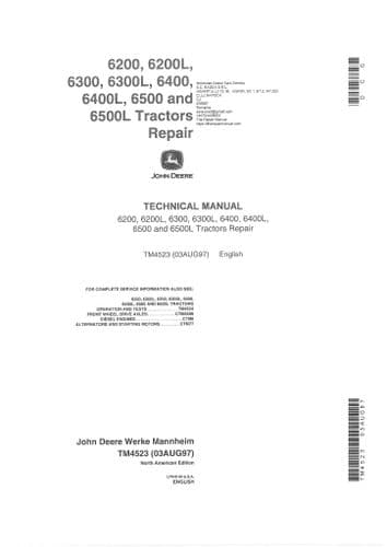 John Deere Tractor 6200 6200L 6300 6300L 6400 6400L 6500 6500L Workshop Technical Repair Manual