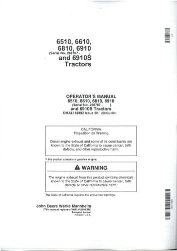 John Deere Tractor 6510, 6610, 6810,  6910, 6910S Operators Manual