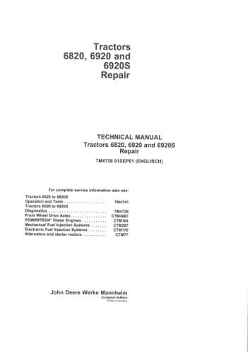 John Deere Tractor  6820 6920 6920S Service Workshop Manual
