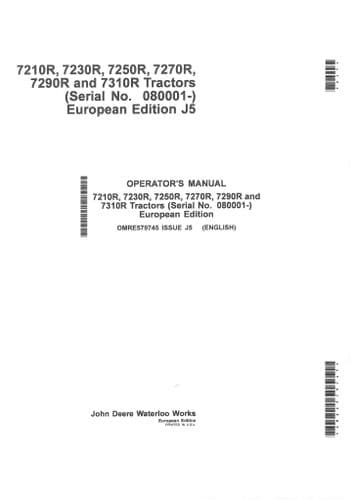 John Deere Tractor 7210R 7230R 7250R 7270R 7290R 7310R Operators Manual