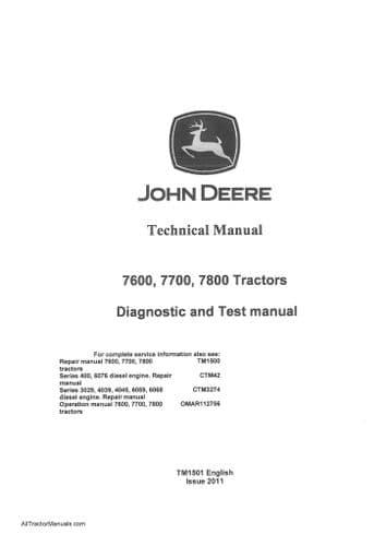 John Deere Tractor 7600 7700 7800 Diagnostic & Test Service Workshop Manual