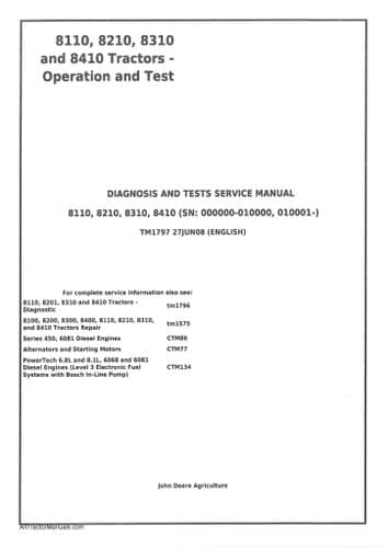 John Deere Tractor 8110 8210 8310 8410 Diagnostic & Test Workshop Service Manual
