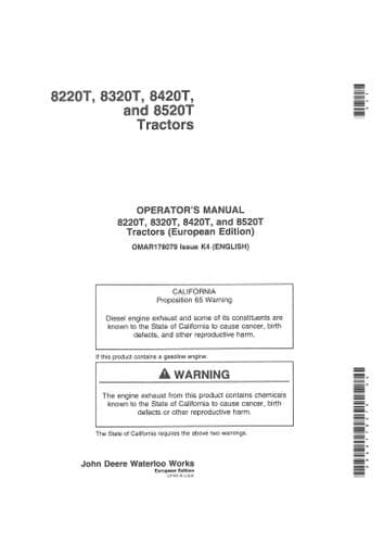John Deere Tractor 8220T 8320T 8420T 8520T Operators Manual