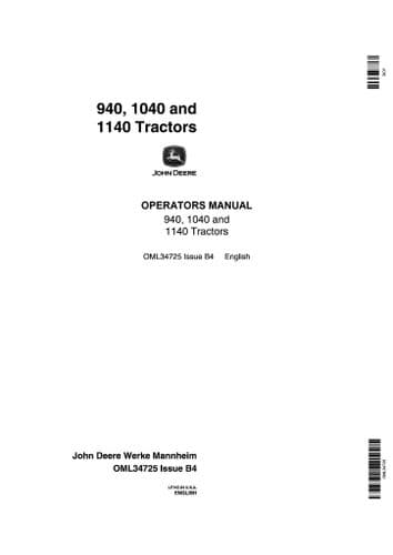 John Deere Tractor 940 1040 & 1140 Operators Manual