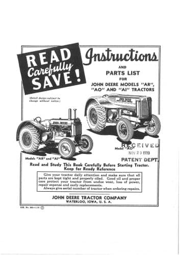 John Deere Tractor AR, AO & AI Operators Manual and Non Illustrated Parts List - Printed 1939