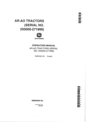 John Deere Tractor AR & AO Operators Manual