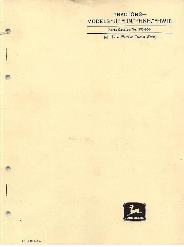 John Deere Tractor Models H HN HNH HWH Parts Manual