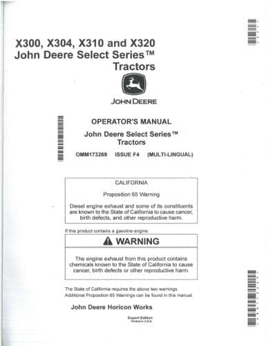 John Deere Tractor Select Series X300 X304 X310 X320 Operators Manual