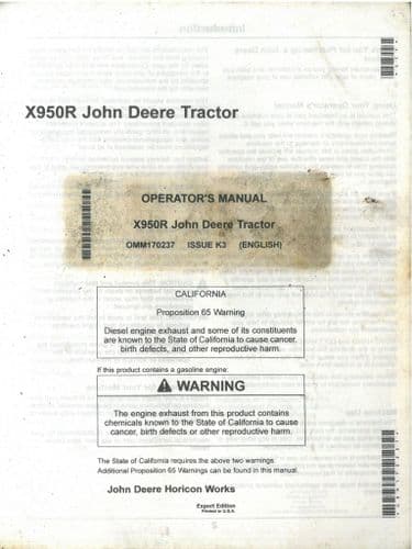 John Deere Tractor X950R Operators Manual