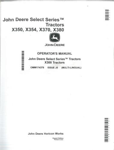 John Deere Tractors Select Series X350 X354 X370 X380 Operators Manual