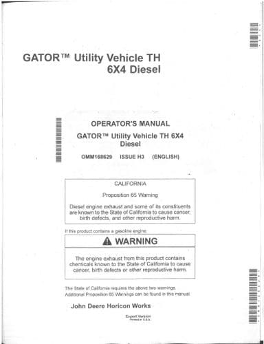 John Deere Utility Vehicle Gator TH 6X4 Diesel Operators Manual - TH6X4
