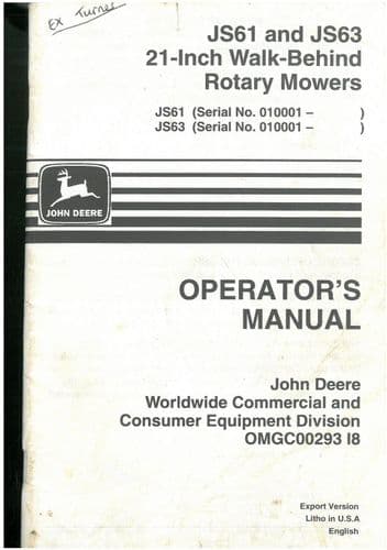 John Deere Walk Behind Rotary Mower JS61 & JS63 21 Inch Operators Manual