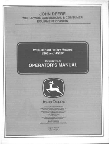 John Deere Walk Behind Rotary Mower JS63 JS63C Operators Manual