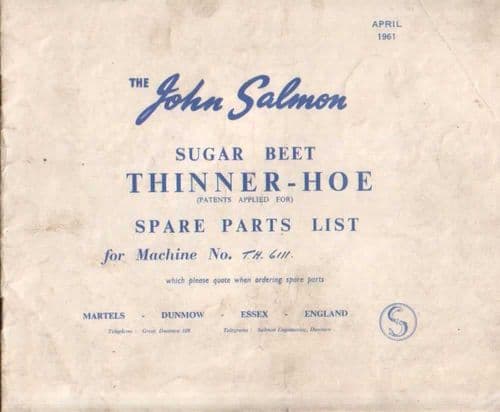 John Salmon Sugar Beet Thinner Hoe Parts Manual