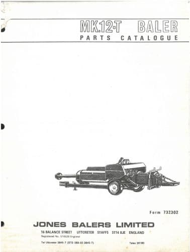 Jones Baler MK12-T Parts Manual - MK12T - ORIGINAL MANUAL