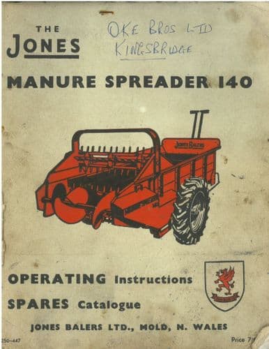 Jones Manure Spreader 140 Operators Manual with Parts List